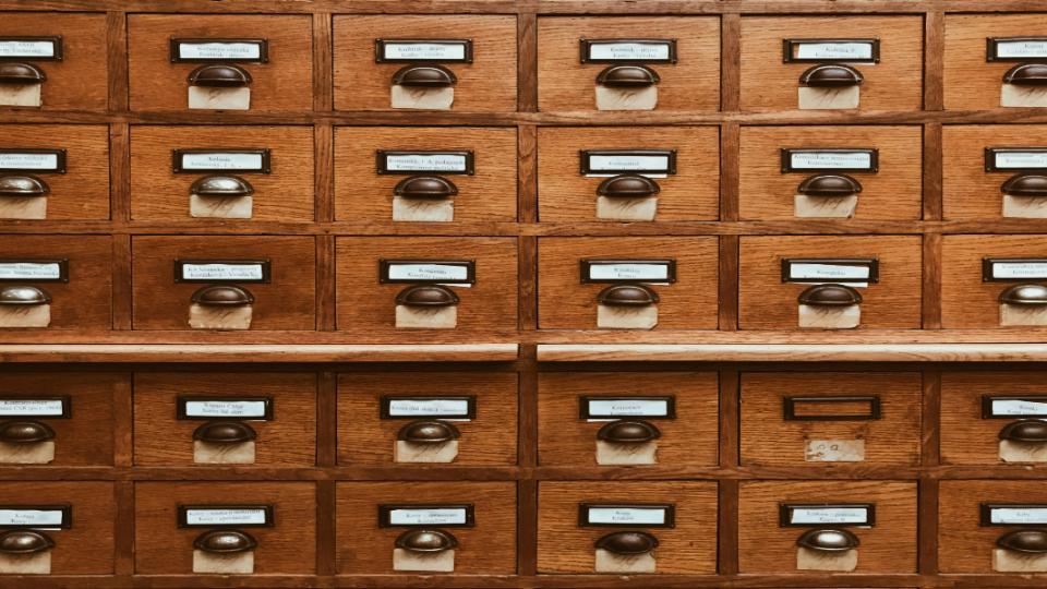Library drawers with name tags