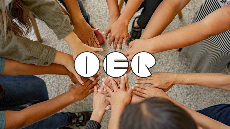 Group of people joining hands together in a circle with OER logo overlay